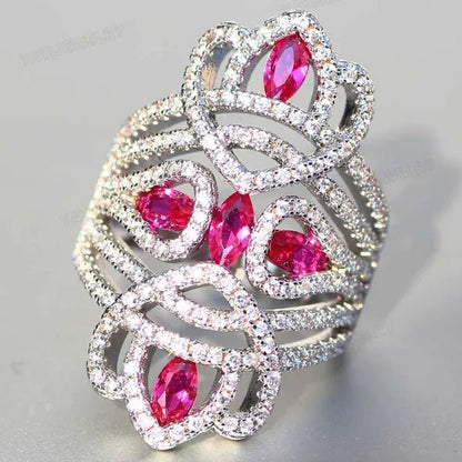 Silver Natural Gemstones White Sapphire & Ruby Ring Birthstone Bride Wedding Engagement Multilayer Princess Cross Ring Size 6 7 8 9 10 - WORLD TIME VISITS