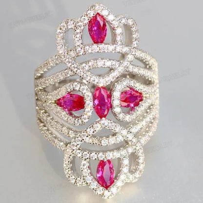 Silver Natural Gemstones White Sapphire & Ruby Ring Birthstone Bride Wedding Engagement Multilayer Princess Cross Ring Size 6 7 8 9 10