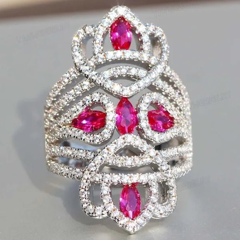 Silver Natural Gemstones White Sapphire & Ruby Ring Birthstone Bride Wedding Engagement Multilayer Princess Cross Ring Size 6 7 8 9 10 - WORLD TIME VISITS