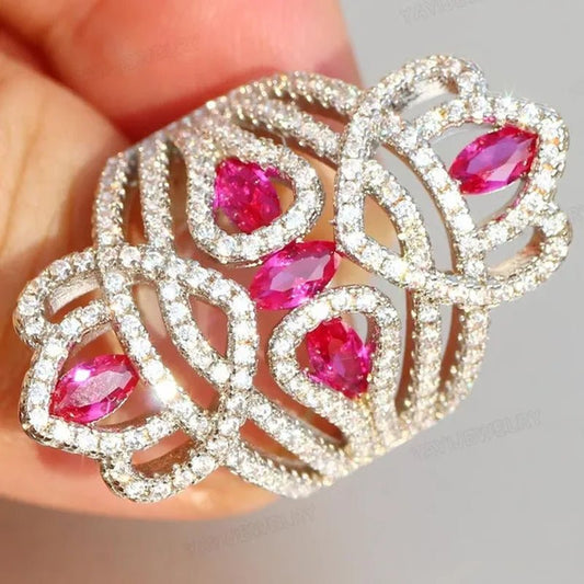Silver Natural Gemstones White Sapphire & Ruby Ring Birthstone Bride Wedding Engagement Multilayer Princess Cross Ring Size 6 7 8 9 10 - WORLD TIME VISITS