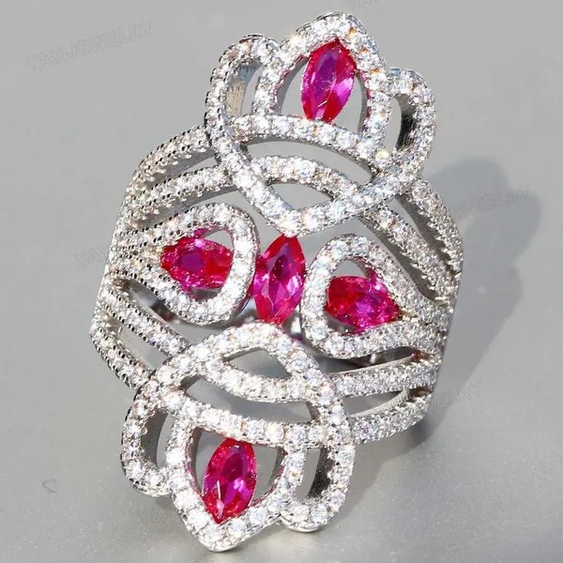 Silver Natural Gemstones White Sapphire & Ruby Ring Birthstone Bride Wedding Engagement Multilayer Princess Cross Ring Size 6 7 8 9 10