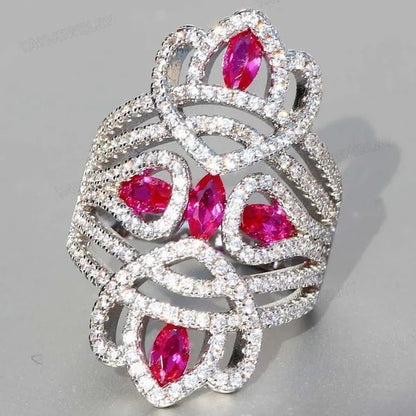 Silver Natural Gemstones White Sapphire & Ruby Ring Birthstone Bride Wedding Engagement Multilayer Princess Cross Ring Size 6 7 8 9 10