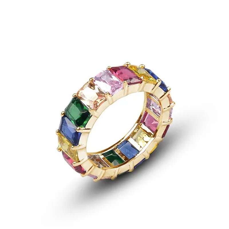 Silver Ring Colored Square Rainbow Ring Statement Crown Ring Natural Gemstones Ring Wedding Bride Engagement Band Charm Party Ring Jewelry