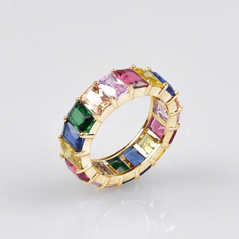 Silver Ring Colored Square Rainbow Ring Statement Crown Ring Natural Gemstones Ring Wedding Bride Engagement Band Charm Party Ring Jewelry - WORLD TIME VISITS