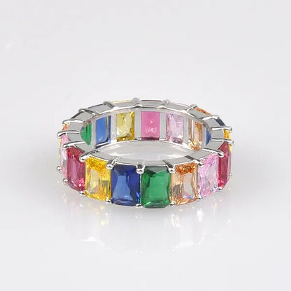 Silver Ring Colored Square Rainbow Ring Statement Crown Ring Natural Gemstones Ring Wedding Bride Engagement Band Charm Party Ring Jewelry