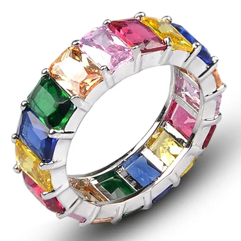 Silver Ring Colored Square Rainbow Ring Statement Crown Ring Natural Gemstones Ring Wedding Bride Engagement Band Charm Party Ring Jewelry - WORLD TIME VISITS