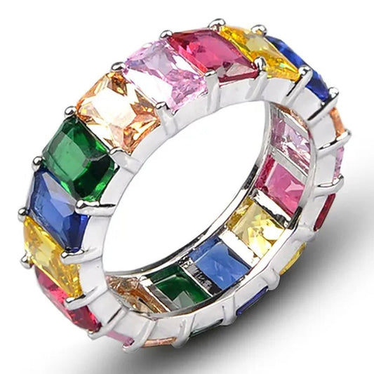 Silver Ring Colored Square Rainbow Ring Statement Crown Ring Natural Gemstones Ring Wedding Bride Engagement Band Charm Party Ring Jewelry - WORLD TIME VISITS