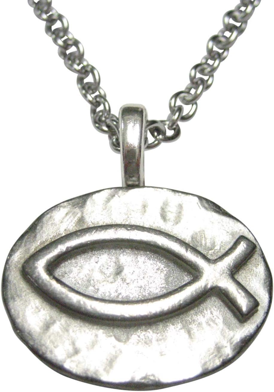 Silver Toned Pewter Oval Religious Ichthys Fish Pendant Stainless Steel Chain Necklace - WORLD TIME VISITS