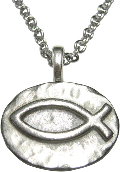 Silver Toned Pewter Oval Religious Ichthys Fish Pendant Stainless Steel Chain Necklace - WORLD TIME VISITS