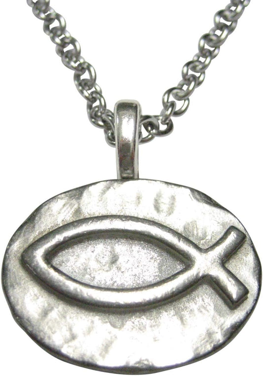 Silver Toned Pewter Oval Religious Ichthys Fish Pendant Stainless Steel Chain Necklace - WORLD TIME VISITS