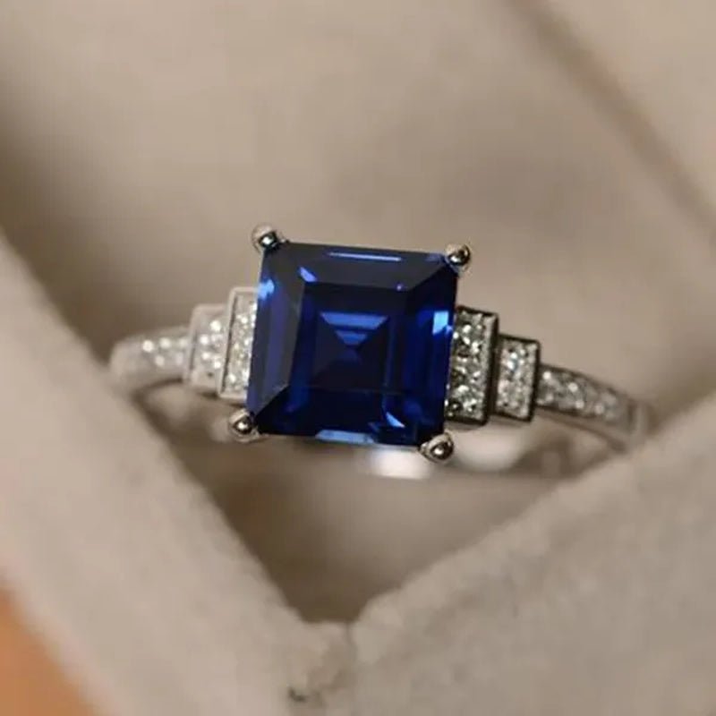 Simple 925 Sterling Silver Ring Princess Sqaure Cut Blue Sapphire Diamond Wedding Engagement Rings for Women Fine Jewelry Gift - WORLD TIME VISITS