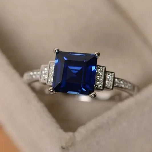 Simple 925 Sterling Silver Ring Princess Sqaure Cut Blue Sapphire Diamond Wedding Engagement Rings for Women Fine Jewelry Gift - WORLD TIME VISITS