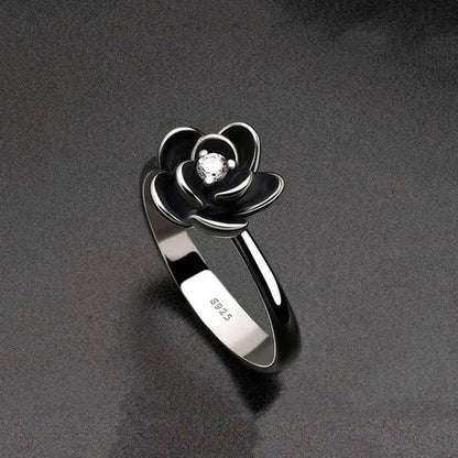 Simple Ladies Antique Silver Black Rose Flower Floral Ring for Women Female Wedding Engagement Party Jewelry Christmas Gift