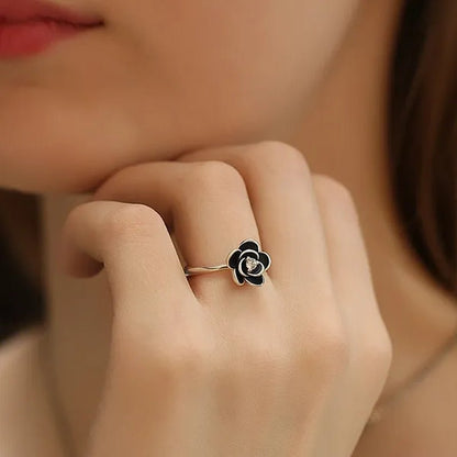 Simple Ladies Antique Silver Black Rose Flower Floral Ring for Women Female Wedding Engagement Party Jewelry Christmas Gift - WORLD TIME VISITS