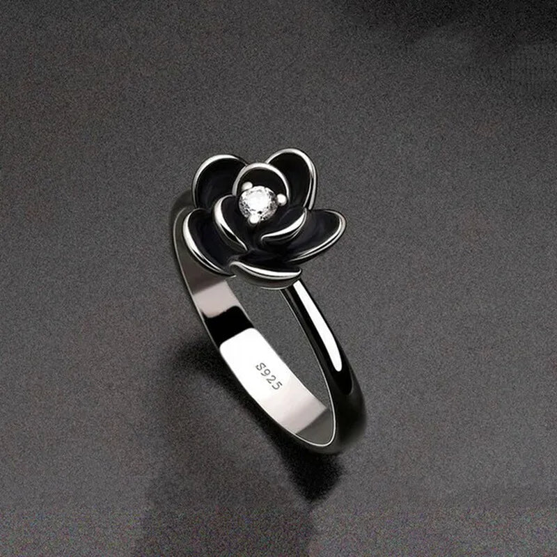 Simple Ladies Antique Silver Black Rose Flower Floral Ring for Women Female Wedding Engagement Party Jewelry Christmas Gift - WORLD TIME VISITS
