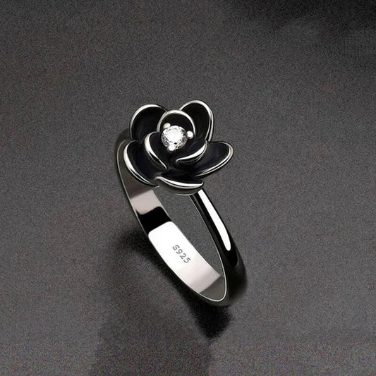 Simple Ladies Antique Silver Black Rose Flower Floral Ring for Women Female Wedding Engagement Party Jewelry Christmas Gift - WORLD TIME VISITS