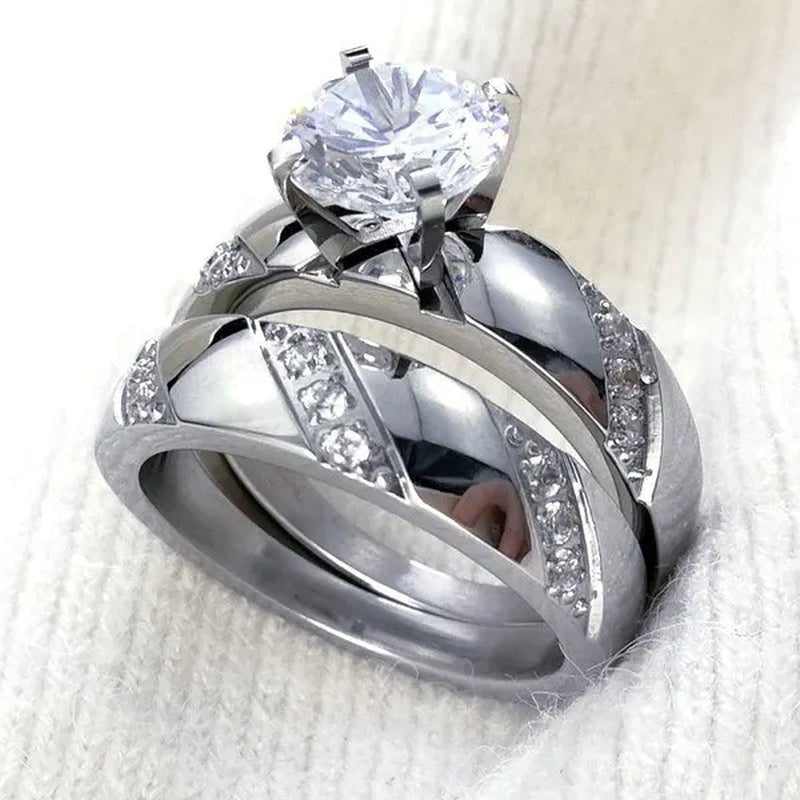Size 5-10 Hers Women's Stainless Steel  Color Wedding Engagement Ring Transparent Stone R297R298