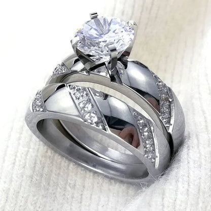 Size 5-10 Hers Women's Stainless Steel  Color Wedding Engagement Ring Transparent Stone R297R298