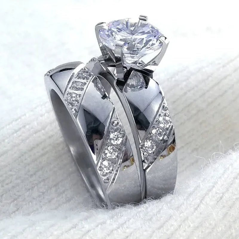 Size 5 - 10 Hers Women's Stainless Steel Color Wedding Engagement Ring Transparent Stone R297R298 - WORLD TIME VISITS