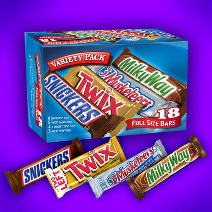 SNICKERS, TWIX, 3 MUSKETEERS & MILKY WAY Full Size Bars Variety Mix, 18 - Count Box - WORLD TIME VISITS