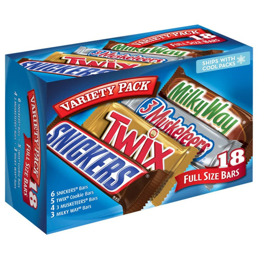 SNICKERS, TWIX, 3 MUSKETEERS & MILKY WAY Full Size Bars Variety Mix, 18 - Count Box - WORLD TIME VISITS