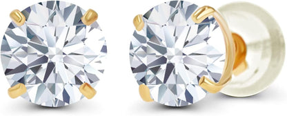 Solid 14K Yellow, White or Rose Gold 4Mm round Genuine Gemstone Birthstone Prong Set Stud Earrings for Women - WORLD TIME VISITS
