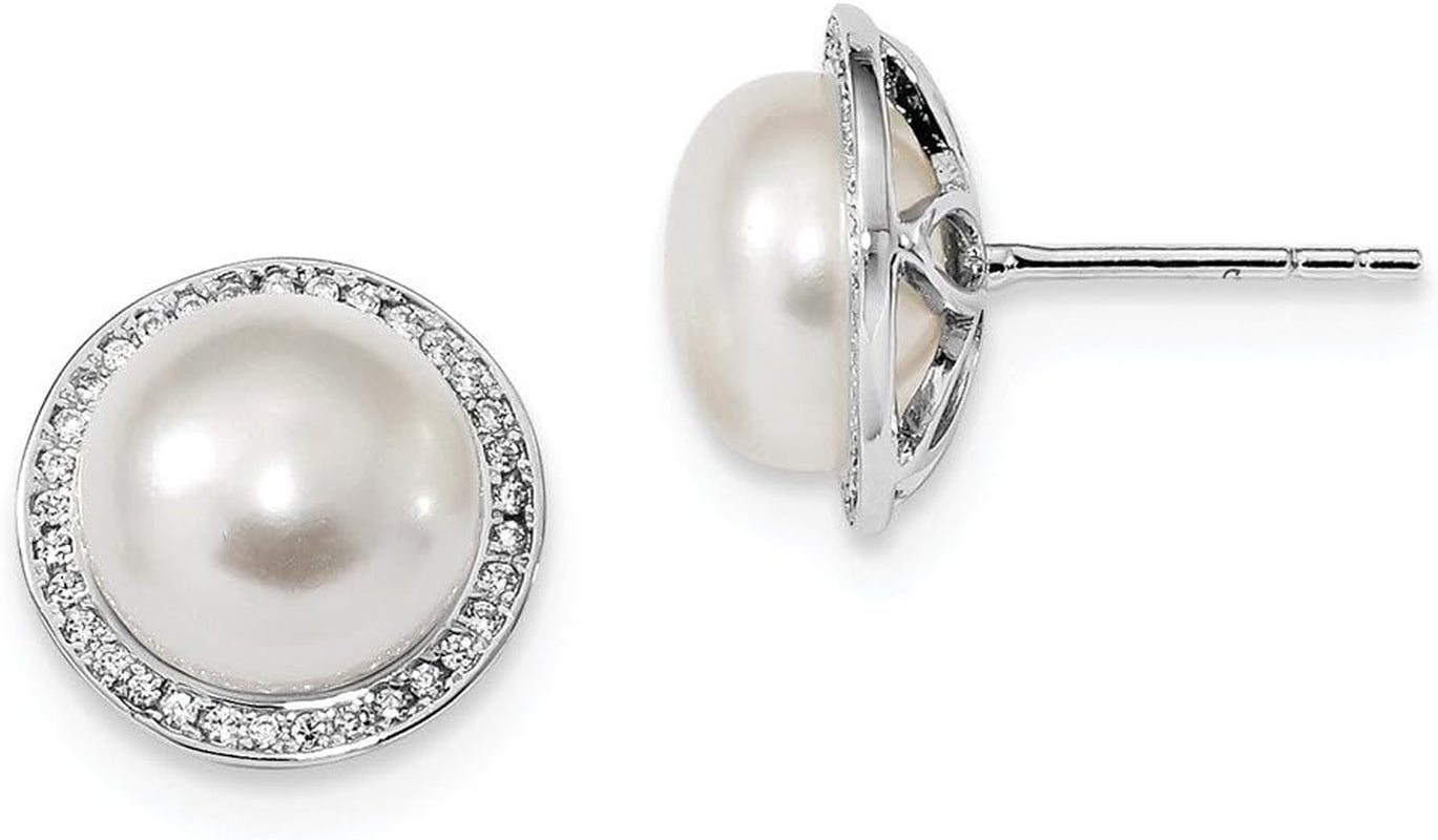 Solid 925 Sterling Silver RH 10 - 11Mm Button FWC Simulated Pearl CZ Cubic Zirconia Post Earrings - WORLD TIME VISITS