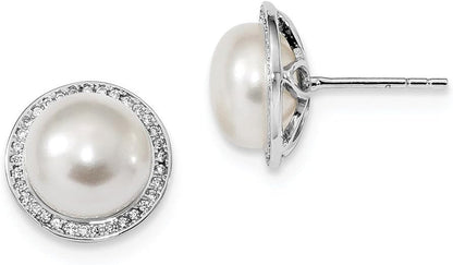 Solid 925 Sterling Silver RH 10 - 11Mm Button FWC Simulated Pearl CZ Cubic Zirconia Post Earrings - WORLD TIME VISITS