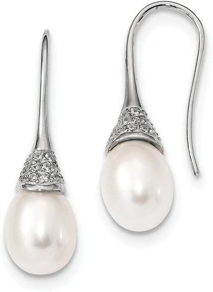Solid 925 Sterling Silver RH 9 - 10Mm Rice FWC Simulated Pearl CZ Cubic Zirconia Dangle Earrings - WORLD TIME VISITS