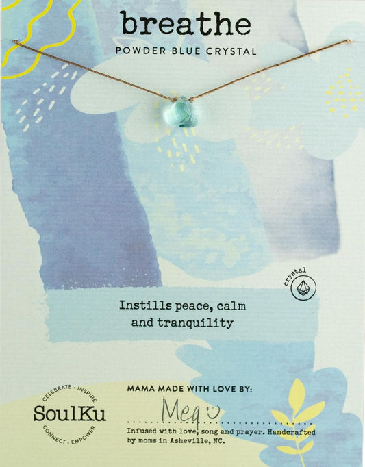 Soul Shine Handmade Necklace, Empowering Jewelry with Healing Crystal, Inspirational Gift for Woman or Girl, 2" Extender with Lobster Clasp, 16" Nylon Cord (Powder Blue, Breathe) - WORLD TIME VISITS