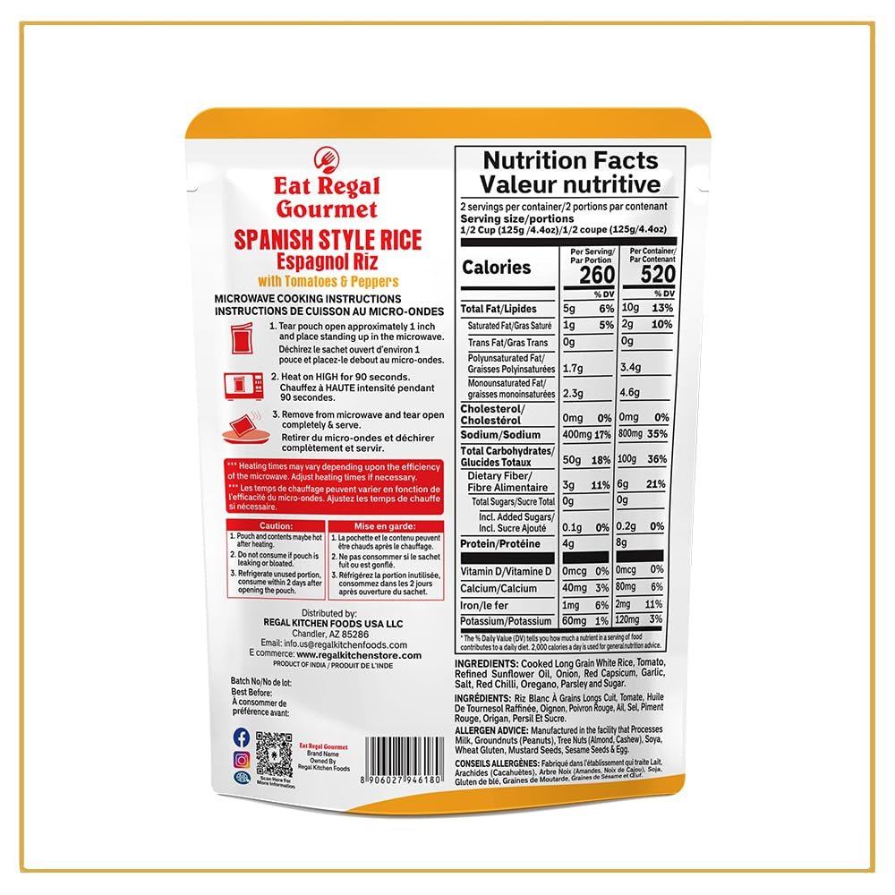 Spanish Rice Pack of 6, 8.8 Ounce, Ready to Eat in 90 Sec | 100% Natural Ingredients | Precooked Rice | Ready Rice | Family Meals Ready to Eat | Microwavable | Side Dish