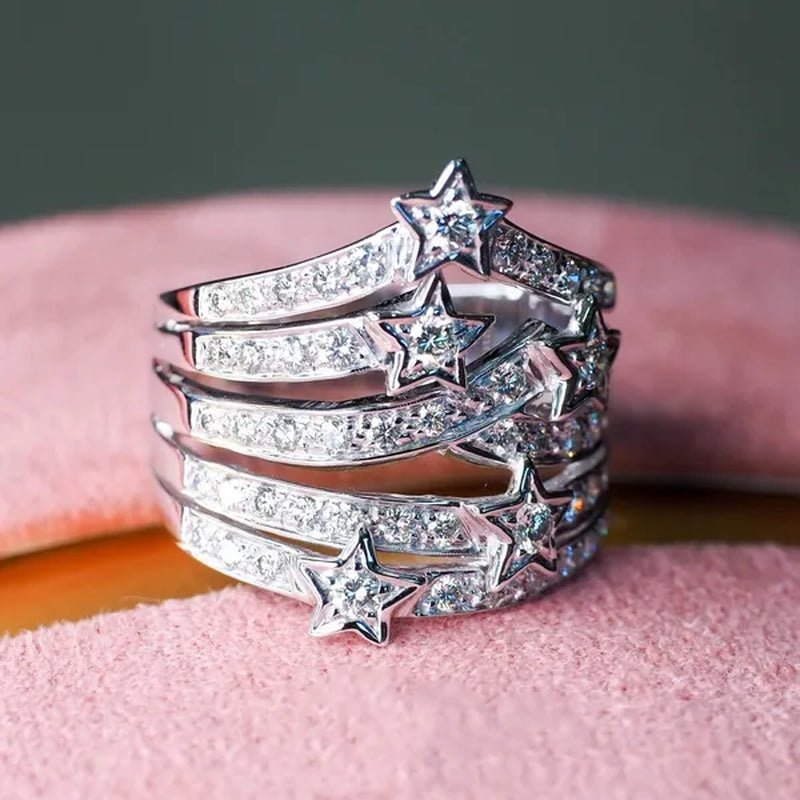 Sparkling 925 Sterling Silver Natural Gemstone White Sapphire Diamond Star Ring Bride Wedding Engagement Fine Jewelry - WORLD TIME VISITS