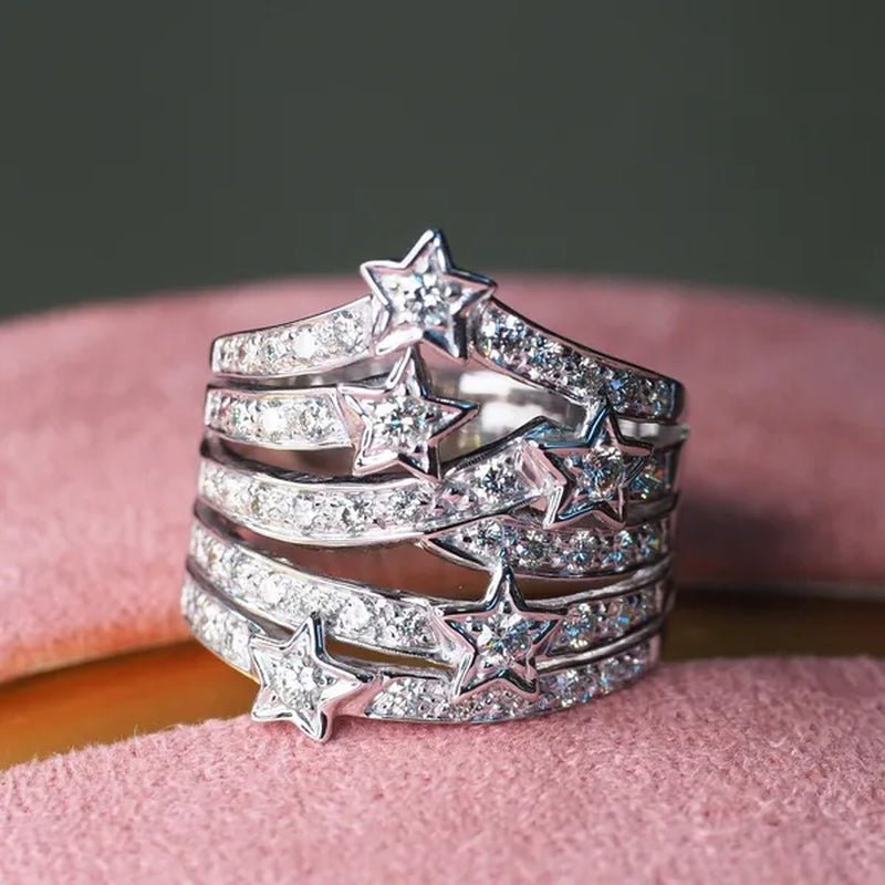 Sparkling 925 Sterling Silver Natural Gemstone White Sapphire Diamond Star Ring Bride Wedding Engagement Fine Jewelry - WORLD TIME VISITS