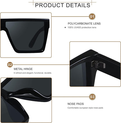 Square Oversized Sunglasses for Women Men Big Flat Top Fashion Shield Large UV Protection Rimless Shades - WORLD TIME VISITS