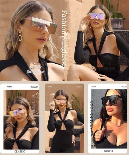 Square Oversized Sunglasses for Women Men Fashion Flat Top Big Black Frame Shades