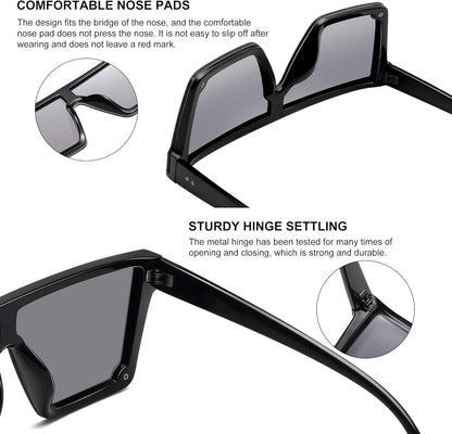 Square Sunglasses for Women Men Fashion Big Frame Flat Top Sun Glasses Mirror Lens