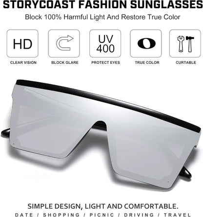 Square Sunglasses for Women Men Fashion Big Frame Flat Top Sun Glasses Mirror Lens