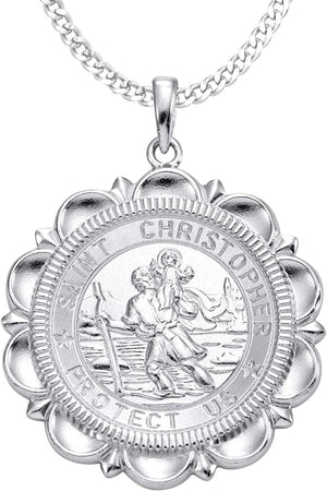 St Christopher Necklace Solid 925 Sterling Sliver Engraved Pendant round Religious Talisman Jewelry for Women