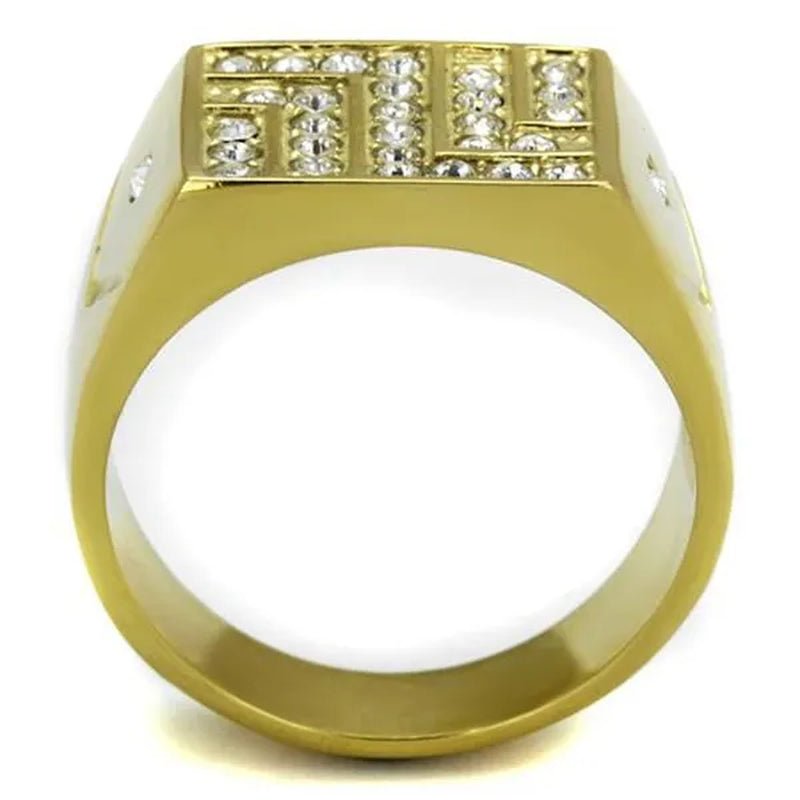 Stainless Steel 14K Gold Ion Plated .46 Ct Simulated Diamond Ring Mens Size 8-13