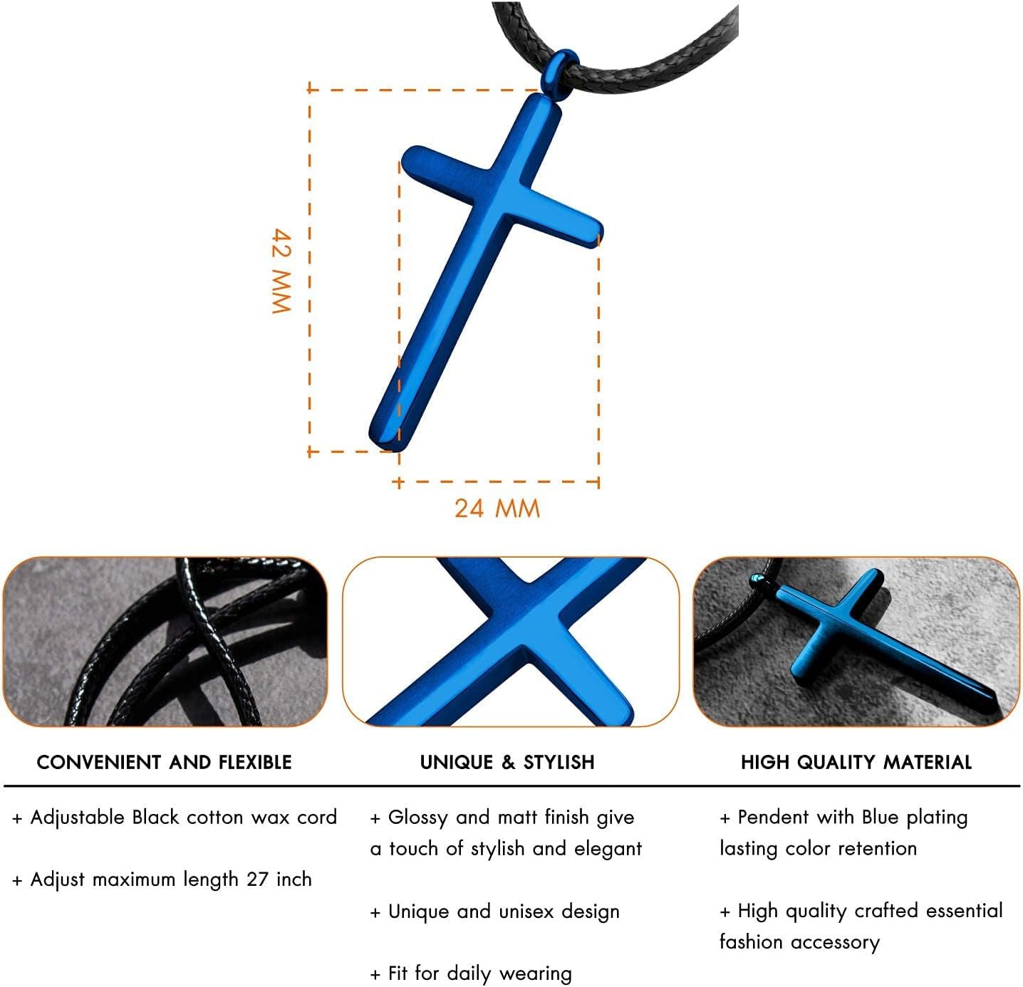 Stainless Steel Cross Necklace for Men - Mens Cross Necklaces with 18 to 24 Inches Waterproof Adjustable Black Leather Rope