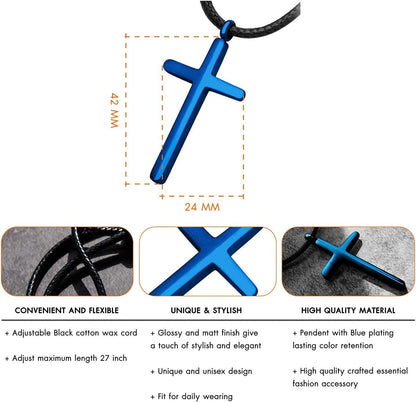 Stainless Steel Cross Necklace for Men - Mens Cross Necklaces with 18 to 24 Inches Waterproof Adjustable Black Leather Rope