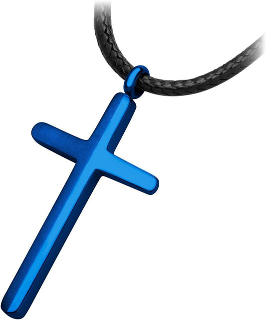 Stainless Steel Cross Necklace for Men - Mens Cross Necklaces with 18 to 24 Inches Waterproof Adjustable Black Leather Rope - WORLD TIME VISITS