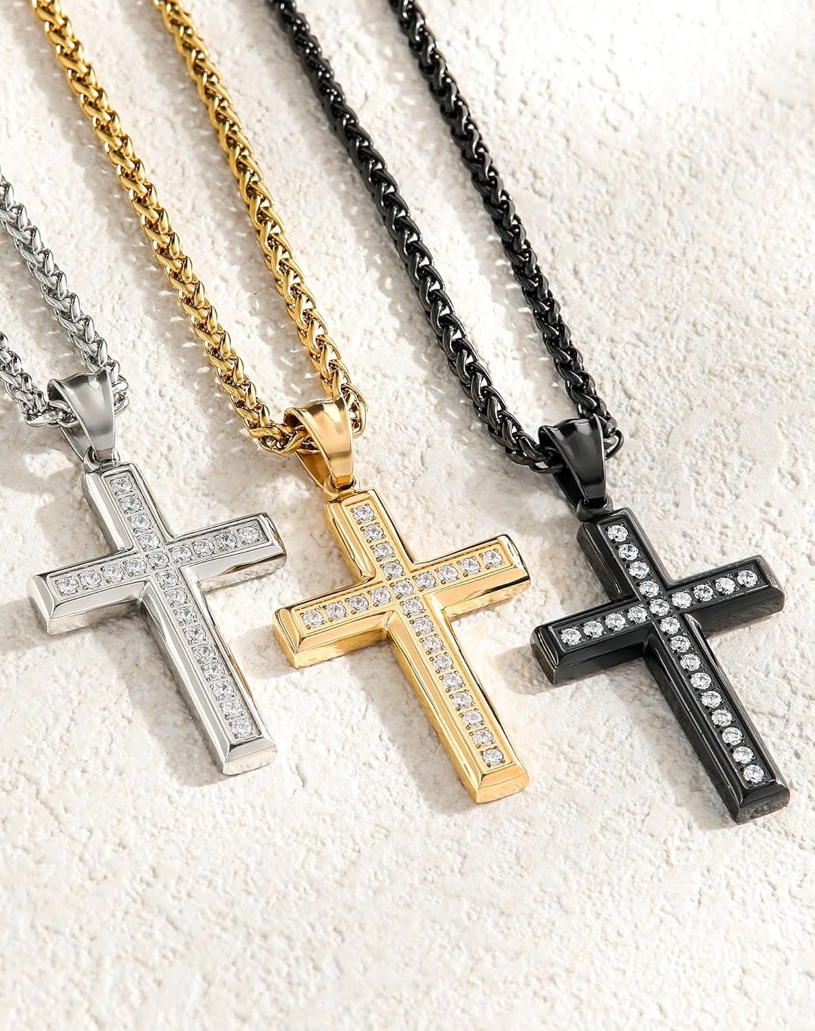 Stainless Steel CZ Cross Necklace Men Women - 18K Gold Plated 5A+ Cubic Zirconia Crucifix Pendant - Christian Religious 3Mm Rolo Chain Jewelry Present - WORLD TIME VISITS