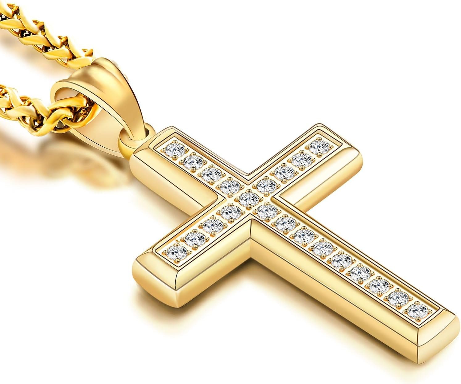 Stainless Steel CZ Cross Necklace Men Women - 18K Gold Plated 5A+ Cubic Zirconia Crucifix Pendant - Christian Religious 3Mm Rolo Chain Jewelry Present - WORLD TIME VISITS