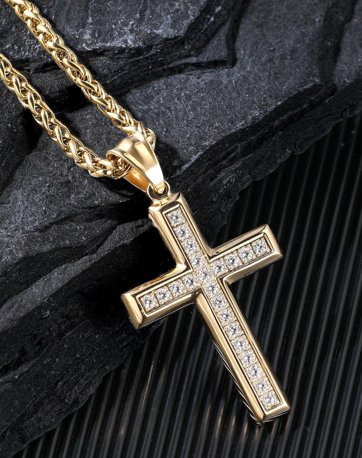 Stainless Steel CZ Cross Necklace Men Women - 18K Gold Plated 5A+ Cubic Zirconia Crucifix Pendant - Christian Religious 3Mm Rolo Chain Jewelry Present