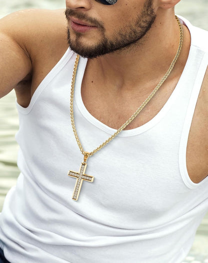 Stainless Steel CZ Cross Necklace Men Women - 18K Gold Plated 5A+ Cubic Zirconia Crucifix Pendant - Christian Religious 3Mm Rolo Chain Jewelry Present