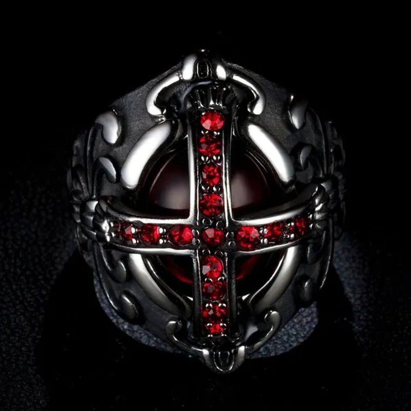 Stainless Steel Fashion Filled Diamond Men Vintage Cross Ruby Ring Jewelry