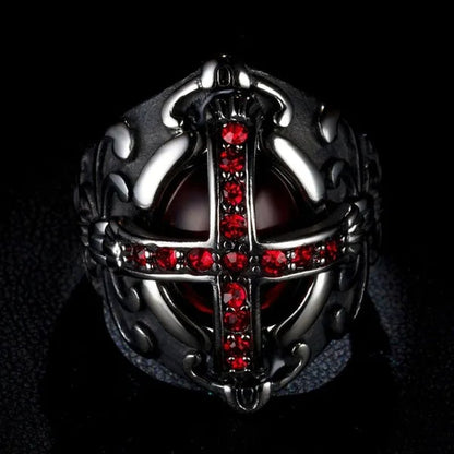 Stainless Steel Fashion Filled Diamond Men Vintage Cross Ruby Ring Jewelry