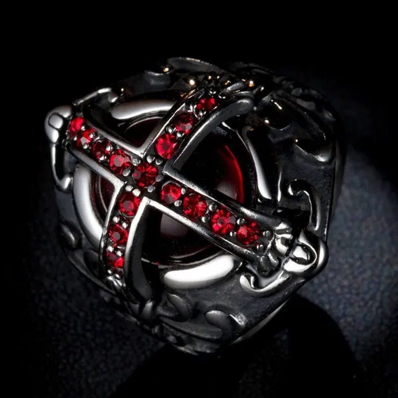 Stainless Steel Fashion Filled Diamond Men Vintage Cross Ruby Ring Jewelry