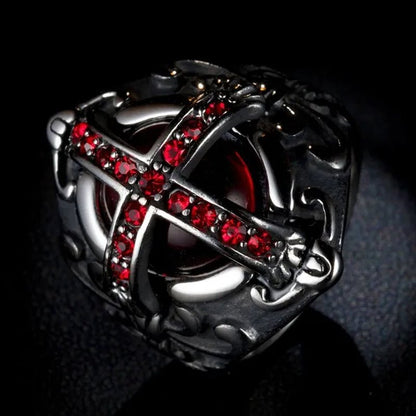 Stainless Steel Fashion Filled Diamond Men Vintage Cross Ruby Ring Jewelry